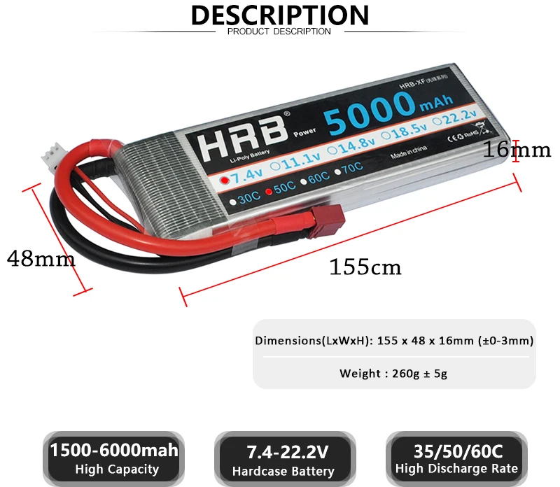 Аккумулятор hrb Lipo 2S 3S 4S 5000mah 6000mah 2600mah 2200mah 11,1 V 7,4 V 14,8 V 6S 22,2 V XT60 Deans T RC FPV части для самолетов, автомобилей, лодок