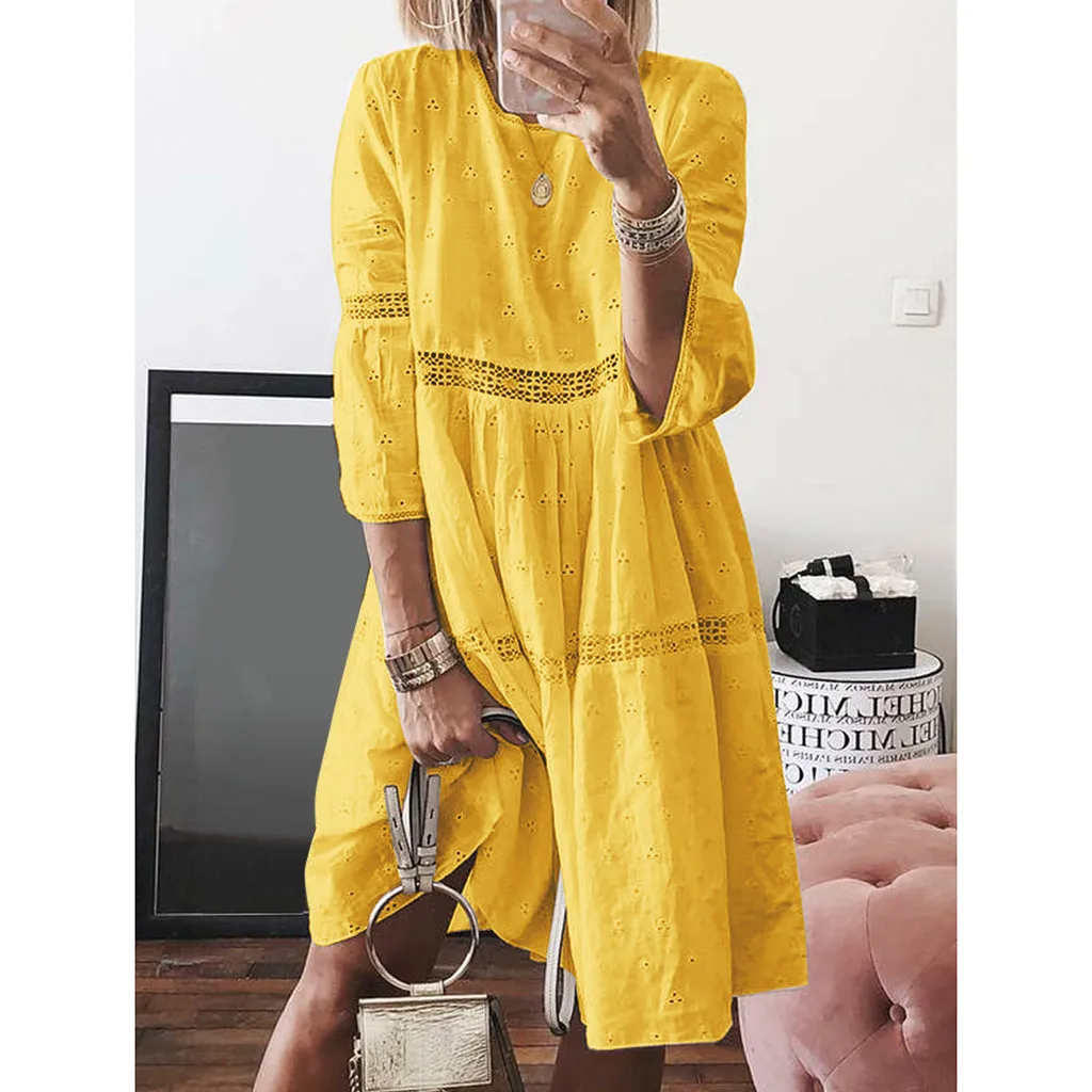 Autumn Bohemian Loose Dress Plus Size Women NEW Arrival Solid O-Neck Empire Hollow Out Splice 3/4 Sleeve Dress платье Wholesale