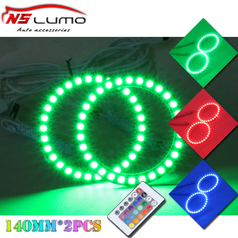 

Free shipping 2X 140 MM LED Multi-color RGB 5050 Flashing Angel Eyes Halo Ring Bulbs Remote kit