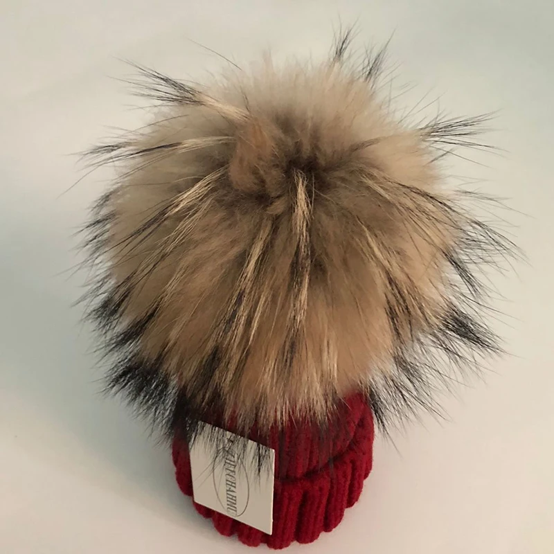 

Fashion Real Fox Fur Raccoon Pompoms 15cm Skullies Beanies Hats For Children Girl Winter Hat Cap Warm Solid Hat 2018 New Brand