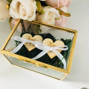 

Personalized Wedding Glass Ring Box with Wood Name Tag Glass Geometric Copper Jewelry Box Wedding Ring Holder Box