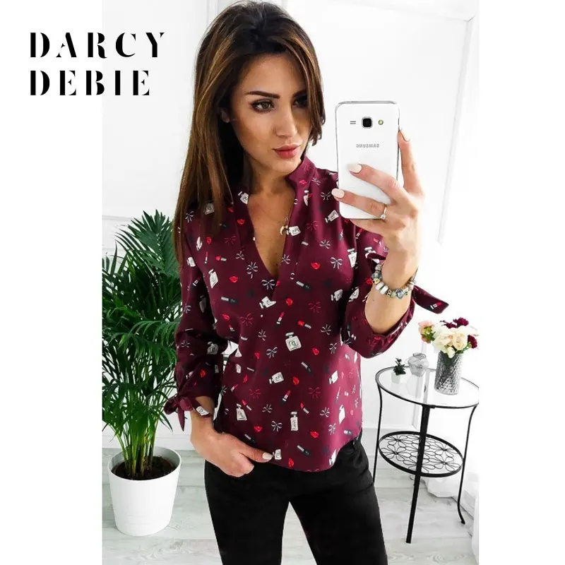Darcydebie женские блузки 2018 мода длинный рукав v образный вырез офисная Свободная
