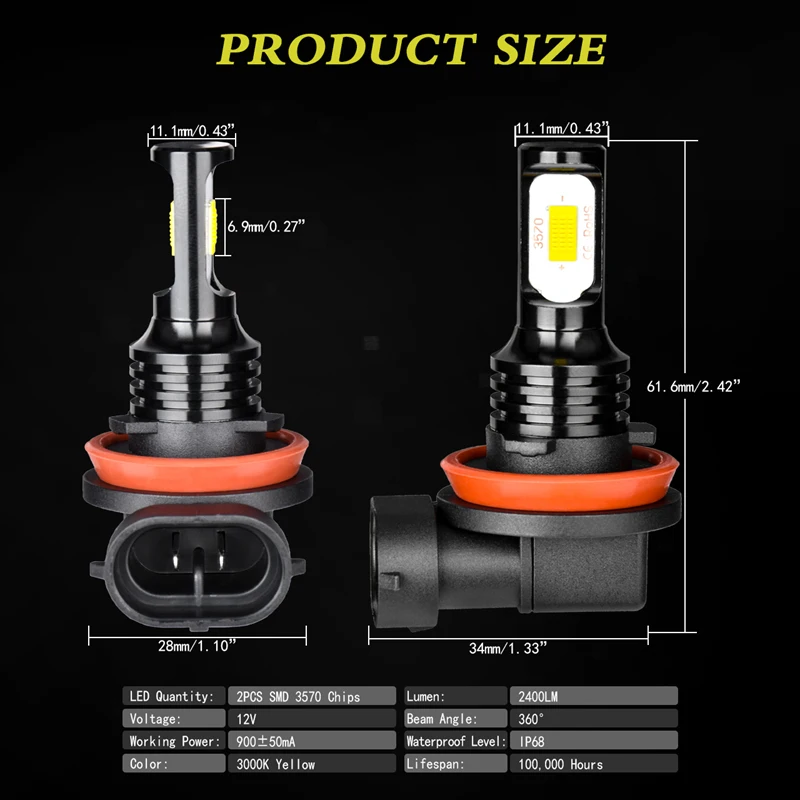 TUINCYN 9006/HB4 светодиодный противотуманный светильник 6500K белый 3000K Золотой Желтый H11/H8 CSP автомобильный головной светильник s противотуманная фара 12V ходовой DRL светильник ing