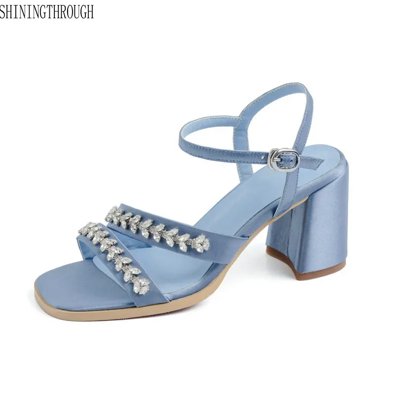 

Silk crystal thick high heels shoes woman sandals black bluepink summer style party dress Female Shoes size 40