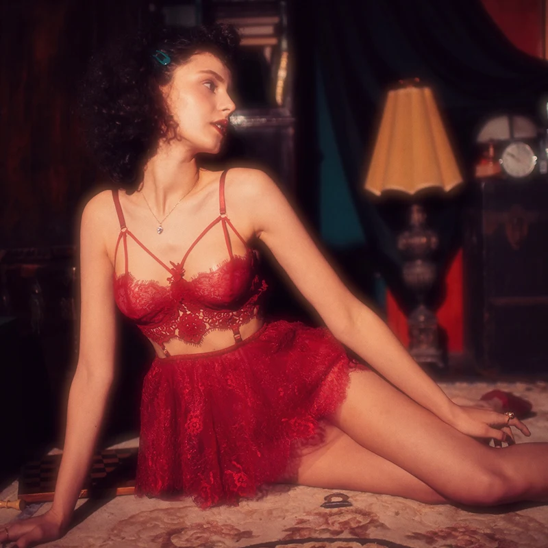 

Valentine's Day Night Sexy Lingerie Nightgown Women Sleep Dress Eyelashes Lace Embroidery Underwear Womens Nightgown Sleepwear