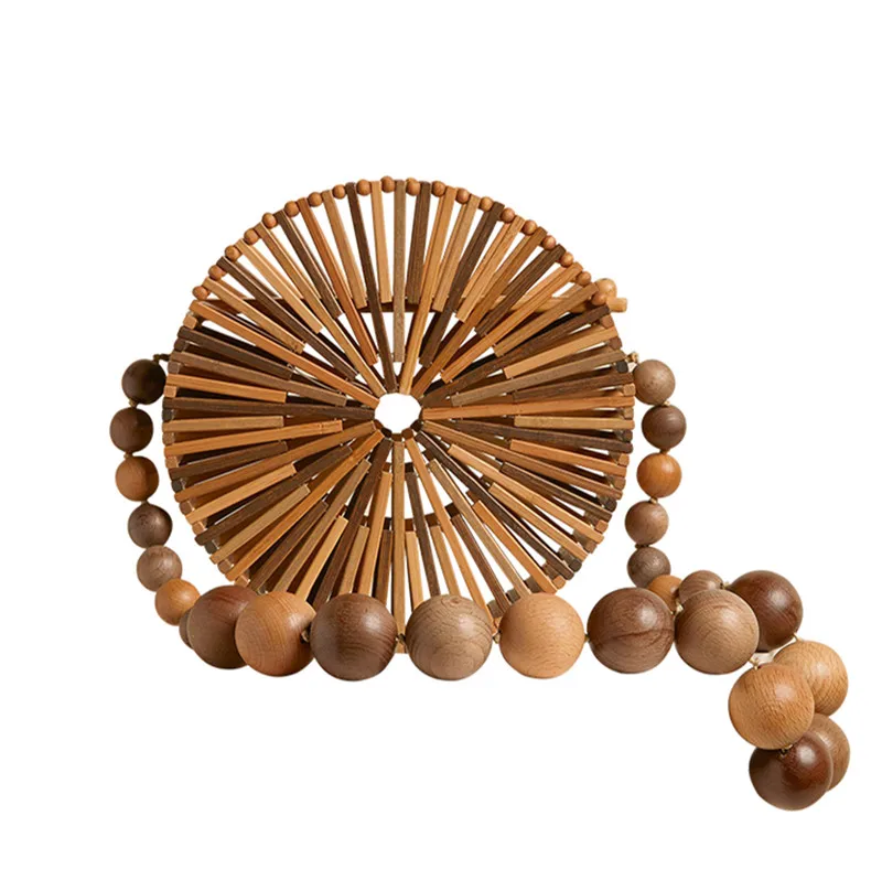 

Women's Handbags Wooden Beads Hollow Hand Made Bag Bamboo Bag Beach Holiday Round Straw Women Bag Shoulder Bag Female Handbag