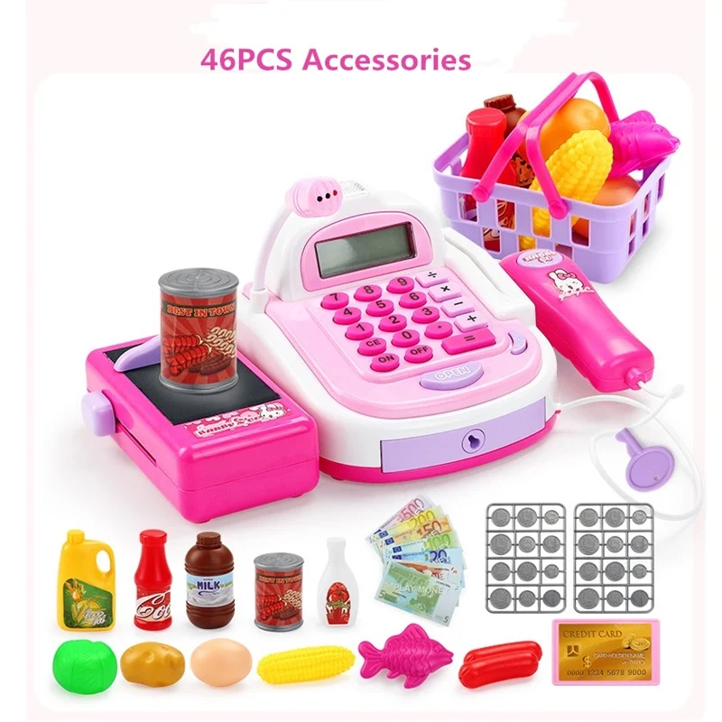 

Pretend Play Cash Register Toys For Girl Multi-functional Kids Plastic Cash Register Cashier Toy Calculator Microphone Scanner