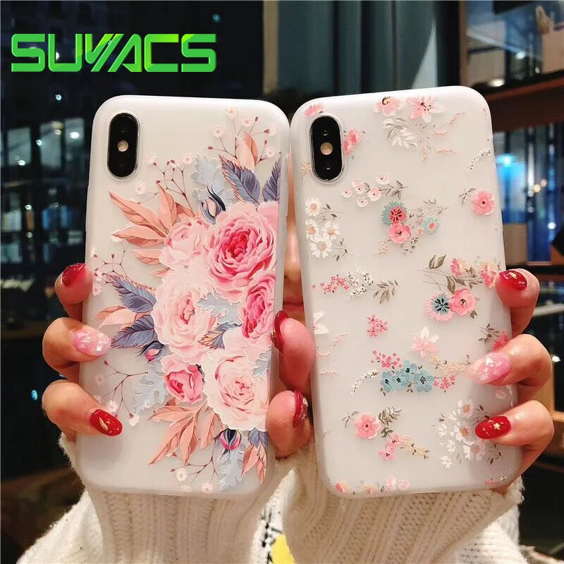 

SUYACS Case For iPhone X 6 6S 7 8 Plus Emboss Flower Pattern Matte TPU Soft Luxurious Protective Phone Back Cover Case Bags