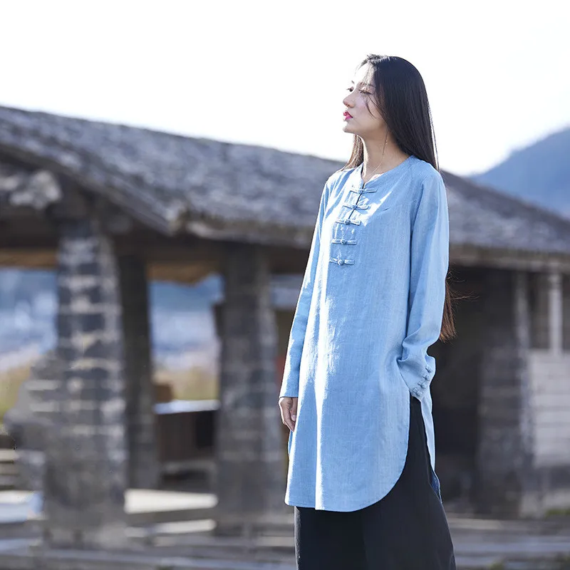 

Cotton Linen Long Jacket Vintage Chinese Frog Retro Neutral Long-sleeved Linen Women Tops