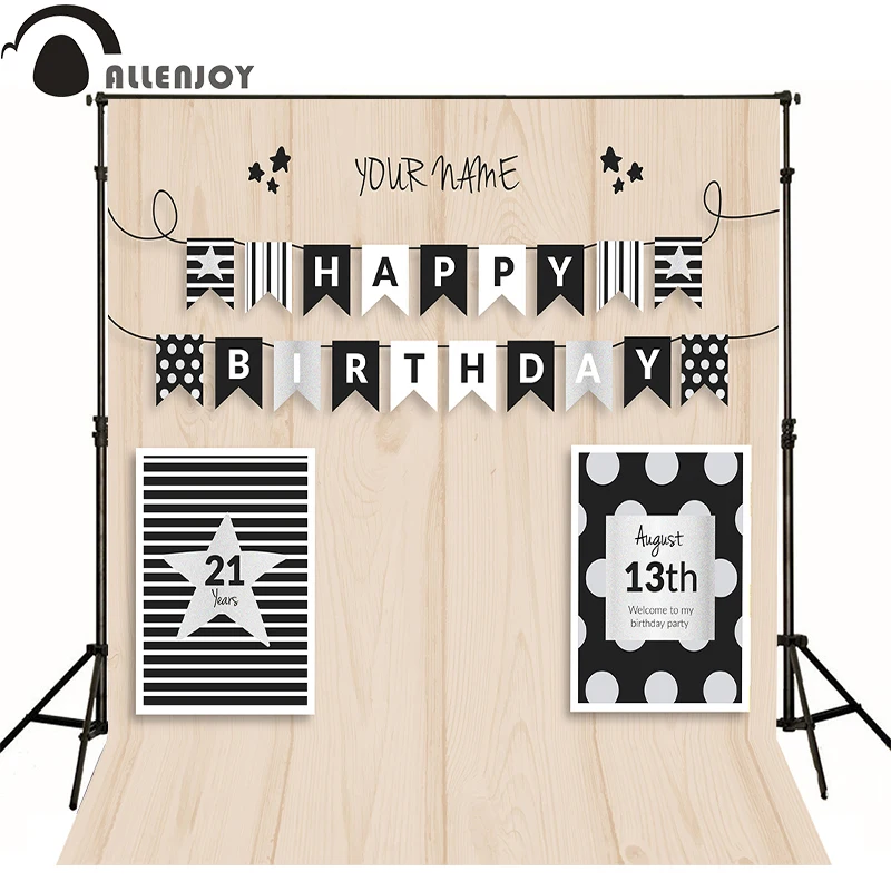 Allenjoy Photographic background wood black and white flag baby happy birthday party photo background fotografia