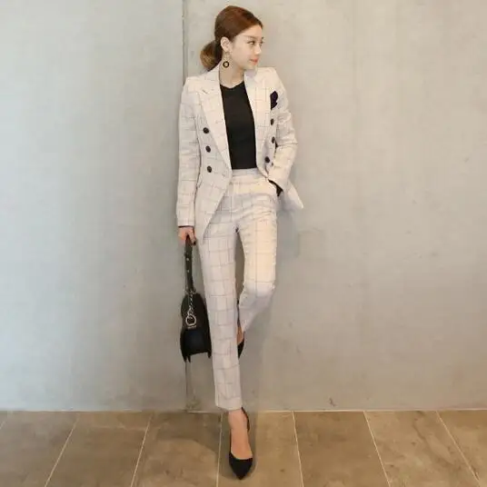 

Work Office Pants and Jackets 2 Pieces Women Blazer Suit 2019 Autumn Vintage White Plaid Business Formal Suits For Women DC800
