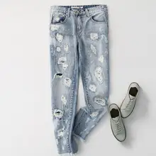 Весенняя мода Bf стиль индивидуальность джинсы для женщин Высокая талия отверстие лодыжки длина прямые брюки