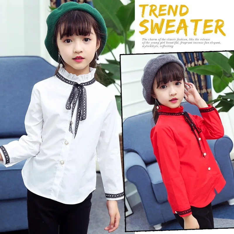 Белые блузки для девочек рубашки с длинными рукавами и бантом детская одежда