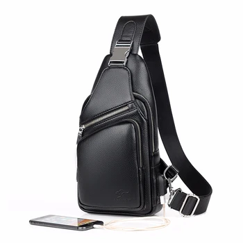 

2018 Jackkevin Fashion Mens Shoulder Bag Burglarproof Black Leather Mens Chest Bag USB Charging Crossbody Bags Travel Bag