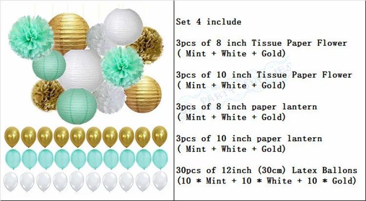 1 комплект Мята белая и золотая ткань бумажные помпоны подвесная гирлянда воздушные шары свадьбы свадебный душ Детские вечерние украшения - Цвет: Set 4