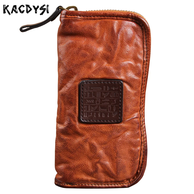 

Luxury Genuine Leather Men's Wallet Vintage Unisex Long Cash Purse Zipper Natural Cowskin Leather Male Clutch Bag ID Card Holder