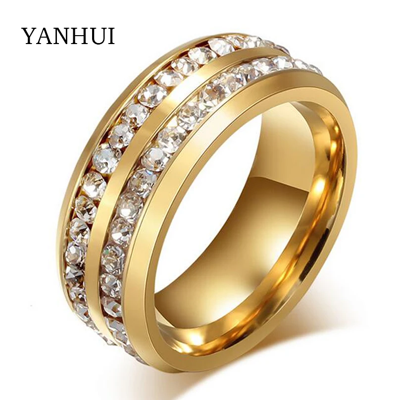 

Promotion Never Fade Stainless Steel Ring Gold Color Wedding Rings For Women Full CZ Diamant Engagement Ring Jewelry R-006S