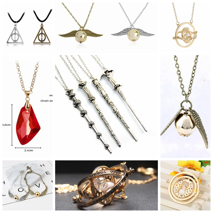 

Wholesale Movie Pendant Metal Necklace HP Potter Time Turner Hourglass Six Phalanx Magic Wand Figures Model Toys