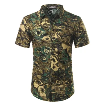 

Floral Print Shirt Men 2018 Luxury Brand Golden Foil Bronzing Flower Mens Dress Shirts Slim Fit Top Quality Silk Shirt Chemise