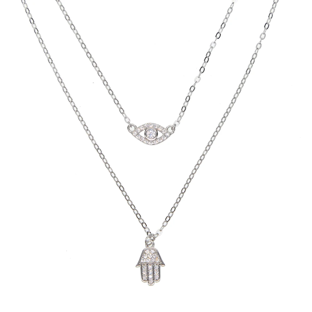 

925 sterling silver with cz paved eye hand hamsa charm double chain layer chain choker necklace with gold color silver plated