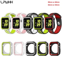 LPWHH Silicone Watchband For Apple Watch Band 40mm 42mm 44 Holes Soft Black Red Yellow Set With Case For Iwatch Band 38mm Straps