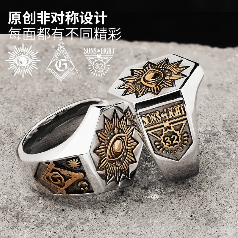 Мужское масонское кольцо The Sun Devil Eyes шестигранное из нержавеющей стали|Кольца| |