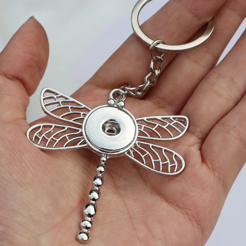 High Quality metal diy 18mm snap buttons keyring Big Dragonfly pendant