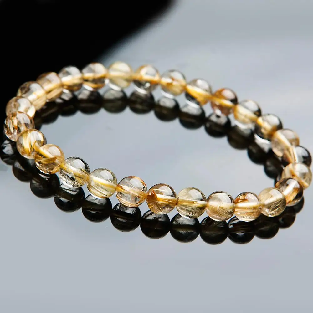 

Natural Brazil Gold Rutilated Quartz Crystal Woman Man Titanium 7mm Gemstone Round Beads Bracelet Jewelry Bangle AAAA