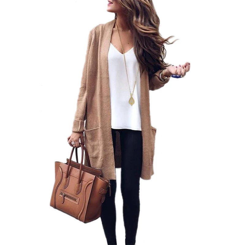 

2019 Knitted Cardigan Sweater Autumn And Winter Long Sweaters Solid Color Pocket Europe And The United States Vestidos MMY69214