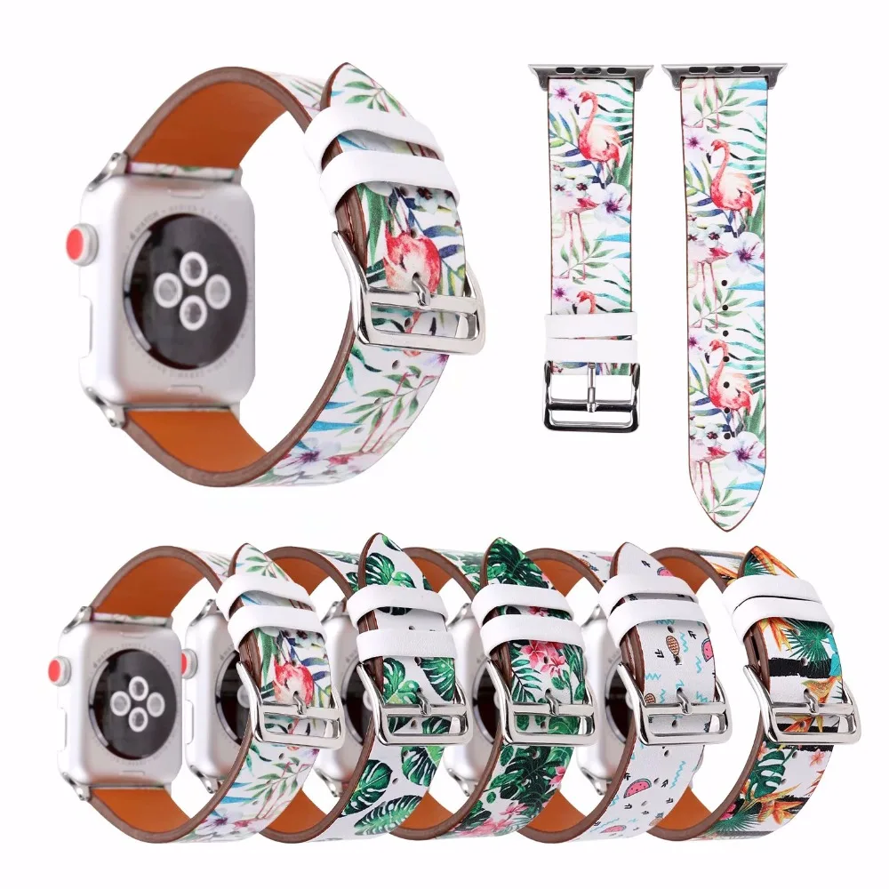 Новый кожаный ремешок для часов apple watch с принтом Фламинго 42 мм/38 мм 44 40 наручные