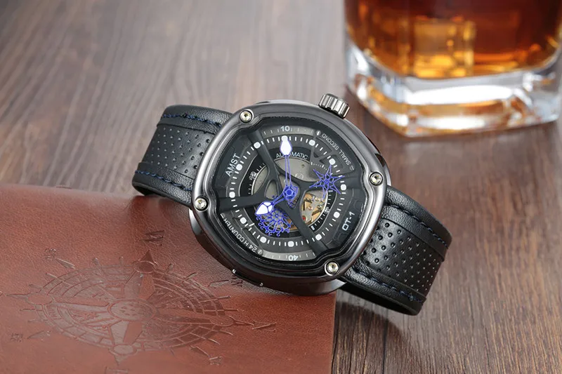  2019 AMST Brand Quartz Watch for men fashion black leather strap sports watches casual luminous wat