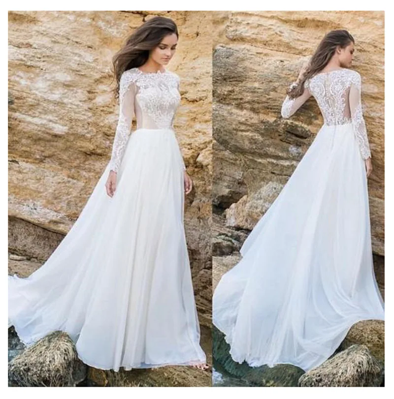 

A-Line Halter Long Sleeves Summer Beach Wedding Dress White Chiffon Bridal Gowns Vestidos Wedding Dress Hot New Style Dress