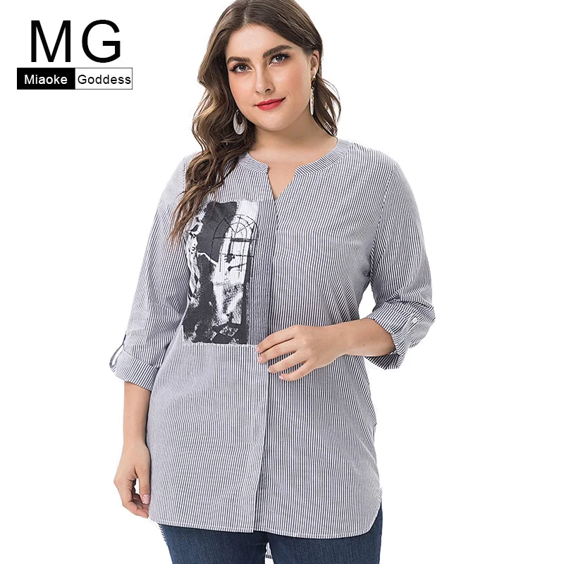 

MG 2019 Summer new arrival Plus Size womens cotton tops and blouses fashion ladies elegant streetwear stripe blouses