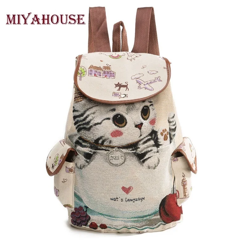 Miyahouse Cute Cat Backpack Women Canvas Backpack font b Drawstring b font Printing Backpacks For Teenage