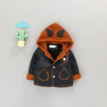 

Cute Fleece Deer's Horn Baby Boys Girls Denim Jackets with Hood Toddler's Coat for Fall Winter Children's Clothes