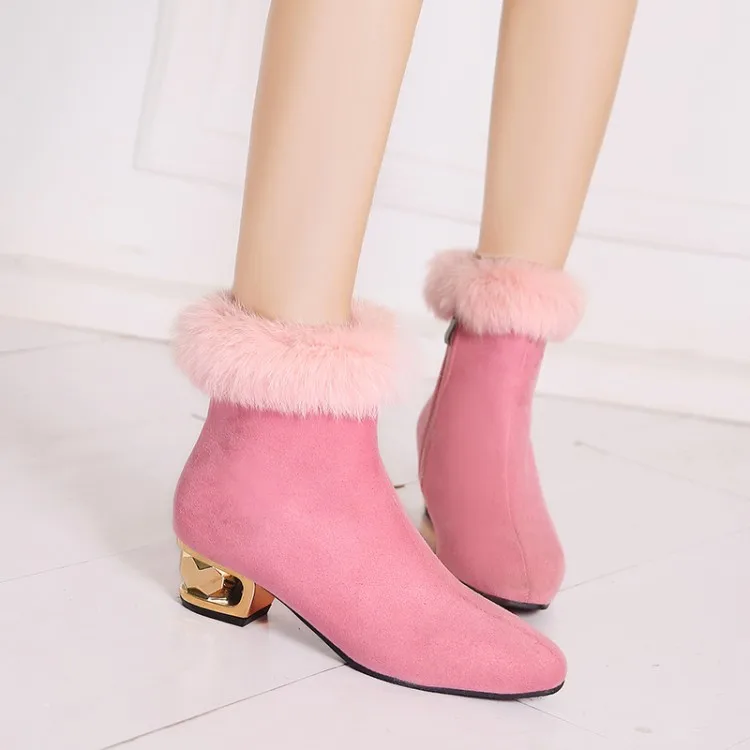 

Big Size 11 12 13 14 15 16 17 Slender square-headed middle-heeled boots, suede, thick-heeled rabbit hair boots, pink fur boots