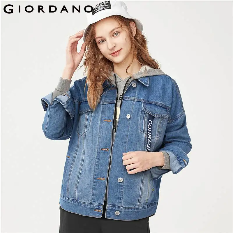 Giordano Women Denim Jacket Women Letter Printed Tape Denim Jackets