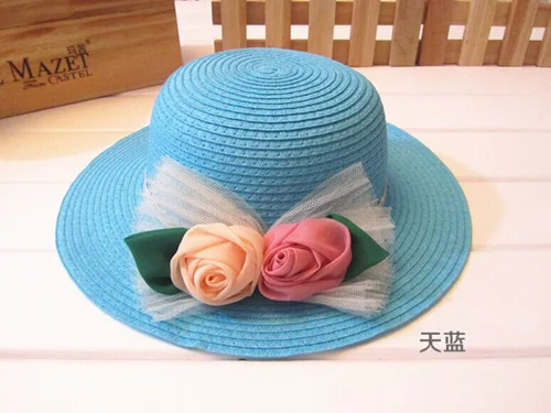 1 шт., новинка, Детская шляпа для защиты от солнца с двумя розами, весенне-летняя Солнцезащитная соломенная шляпа для женщин и девочек, детские шапочки, 8 цветов - Цвет: adult sky blue
