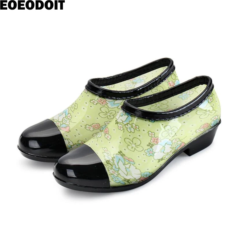 

EOEODOIT Women New Arrival Rain Shoes Boots Ankle Length Antiskid Design Square Heels 3 CM Chunky Heel Waterproof Shoes