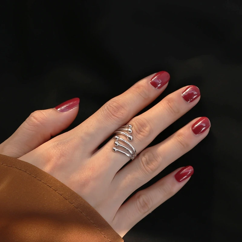 

925 Sterling Silver 6 Beads Antique Silver Personality Open Silver Cocktail Ring Adjustable Statement Engagement Enhancers Ring