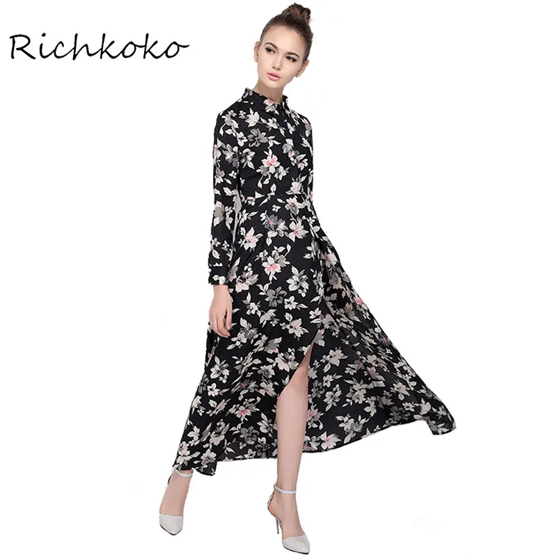 Richkoko New Fashion Women Dress High Waist Floral Print Vintage