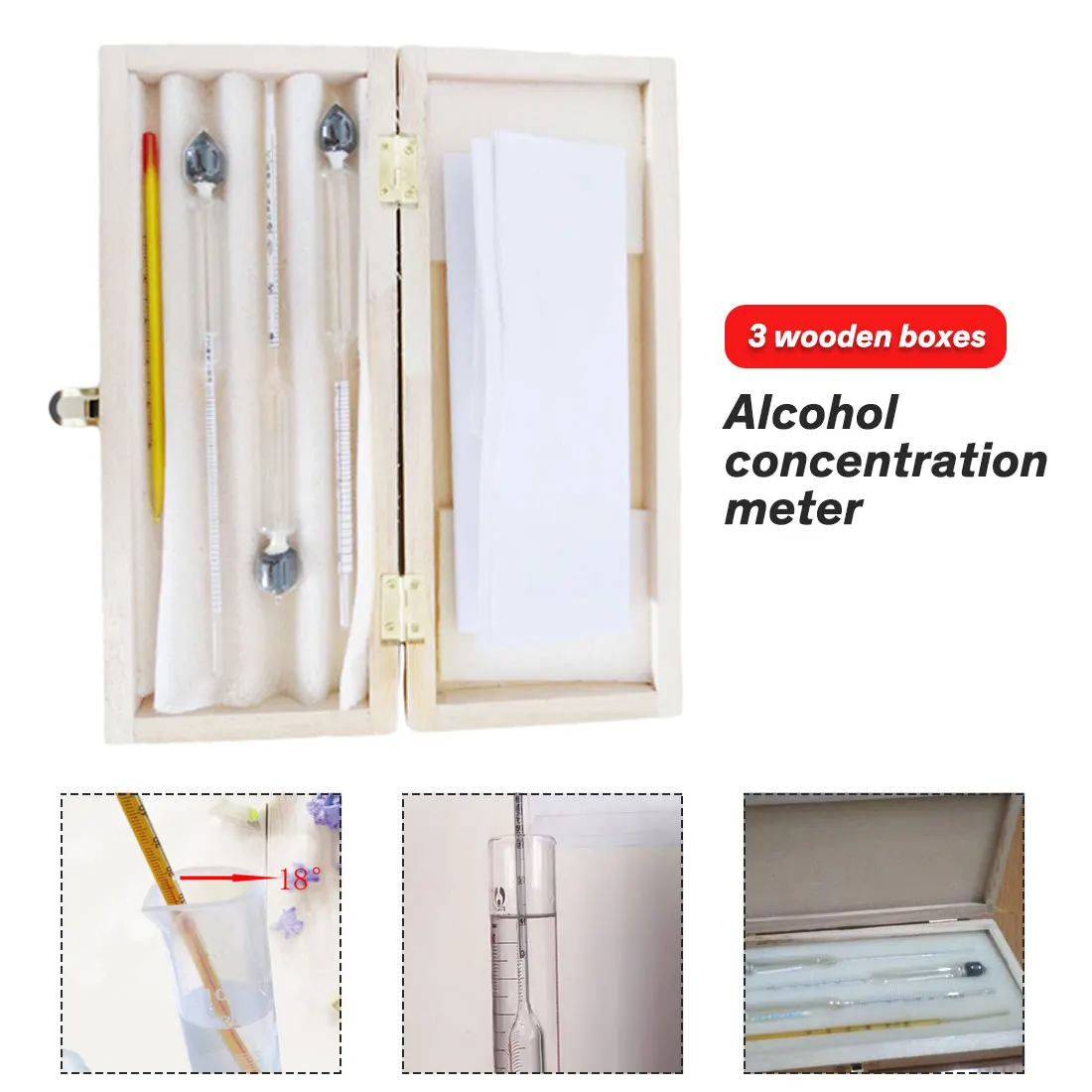 Измерительный прибор для алкоголя, точный 0-100C, 3 шт., деревянные коробки, измеритель концентрации алкоголя, спиртометр, измеритель уровня ликера, вина