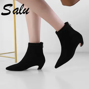 

Salu Suede Leather Ankle Boots Women High Heels Zipper Short Ladies Shoes Woman Pointed Toe Party Wedding Size 42 43