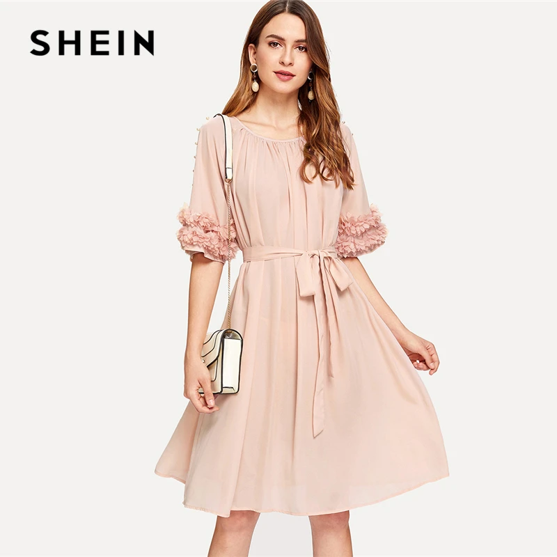 Buy SHEIN Apricot Elegant 3D Applique Pearl Detail