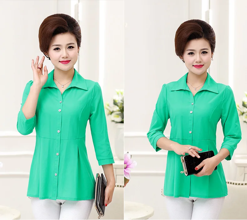 Woman Casual Shirt Half Sleeve Top Red Green Blue Plain Blouses Women Turn Down Collar Tops Peplum Blouses Bottom Front Top Plus Size (13)