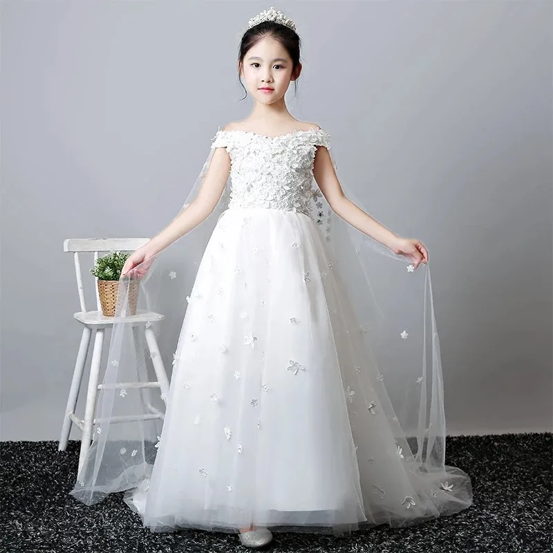 2018 New Children Girls Elegant Fashion Children Girls White Birthday Wedding Evening Party Princess Lace Dress With Trailing 2018 New Children Girls Elegant Fashion Children Girls White Birthday Wedding Evening Party Princess Lace Dress With Trailing