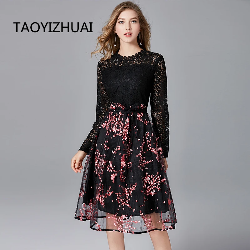 Online TAOYIZHUAI 2019 nueva llegada otoño alta calle cintura de talla grande L estampado Organza longitud completa negro mujeres vestido de encaje 11602