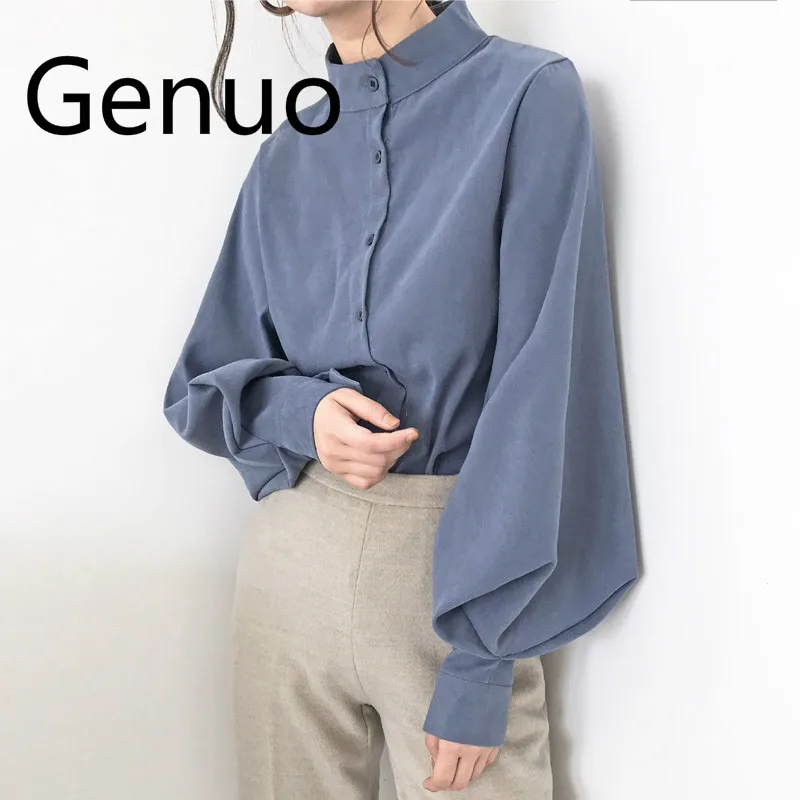

Vintage Stand Collar Lantern Sleeve Women Blouses Tops Single Breasted Blouse Shirt Female Casual Loose Shirts blusas mujer