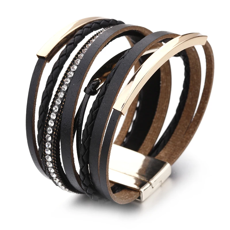 Amorcome Metal Bar Charm Leather Bracelets For Women Trendy Boho Braided Rope Wide Multilayer Wrap Bracelet Female Jewelry - Image 3
