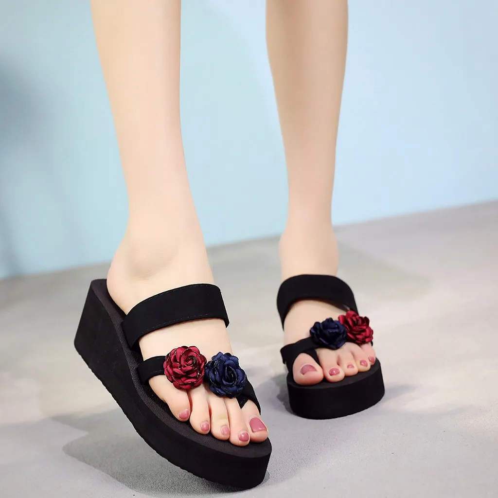 

MUQGEW Shoes woman Platform Med heel Flower Fashion 2019 Flip- flop Slip-on Open Toe Wedges Beach Slipper Shoes zapatos de mujer